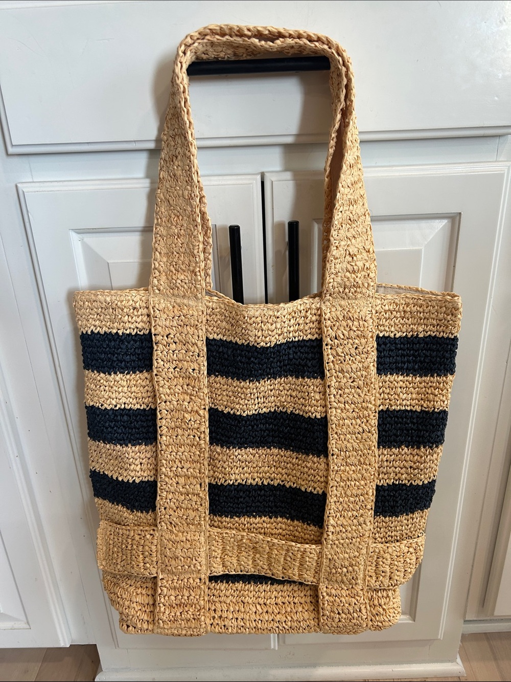 J. Jill Natural Straw Tote with Black Stripes 17”X16”. New no tag